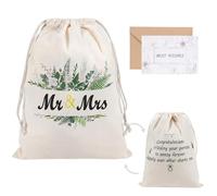 Mr & Mrs Bolsa de regalo de boda de lona con tarjeta de felicitación, Seutgjie de 11.8 x 15.6 pulgadas, reutilizable, lavable, con cordón, bolsa de regalo ecológica para despedida de soltera para