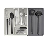 Organizador de cubiertos ajustable para cajón, ideal para utensilios de cocina, electrodomésticos y accesorios de cocina. Disponible en blanco y gris