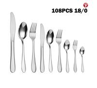Mr.Spoon Serie Piedra 108 piezas cubiertos económico,Acero inox 18/0,Con cuchillo carne o mesa/cuchara/tenedor/cuchillo tenedor fruta/cuchara tenedor postre/cuchara cafe y moka,Apto para lavavajillas,