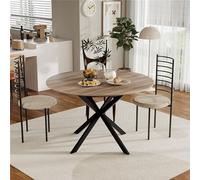 MSFE Mesa Redonda Comedor 120 cm,Mesa de Cocina Retro con Patas de Metal Negro y Acabado en Nogal Envejecido y Natural,Capacidad 4-6 Personas,Mesa de Comedor Redonda Madera