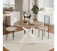 MSFE Mesa Redonda Comedor 120 cm,Mesa de Cocina Retro con Patas de Metal Negro y Acabado en Nogal Envejecido y Natural,Capacidad 4-6 Personas,Mesa de Comedor Redonda Madera, Patas de Mesa Blancas