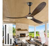 MSHENUED Ventilador de techo exterior de 152 cm con luz y mando a distancia, 3 aspas de madera maciza, alto flujo de aire y silencioso. Acabado nogal, diseño rústico para terraza e interiores