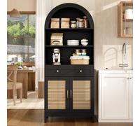 MSMOK Armario de almacenamiento moderno de 170 cm de alto, puertas de ratán, 3 compartimentos de presentación, 2 puertas, 1 cajón, para salón y pasillo, color negro y natural
