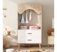 MSMOK Armario infantil con barra para colgar y cajones, armario abierto, asas de madera, tablero de partículas, blanco+madera natural, 80×46×141,5cm