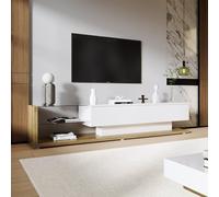 MSMOK Armarios de TV, armarios bajos, muebles de salón de alto brillo. Iluminación LED variable y particiones de cristal. Combina un estilo rústico natural con un diseño moderno. (blanco y madera)