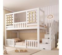 MSMOK Litera de 90 x 200 cm, color blanco, estilo cabaña con ventanas de madera y armario de escaleras, cuna con 2 superficies de descanso, somier incluido, sin colchón