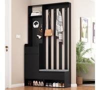 MSMOK Perchero de pasillo con banco de almacenamiento acolchado, H180/B100/T35 cm, moderno perchero con 4 ganchos para entrada, zapatero multifuncional con panel de ranuras, color negro