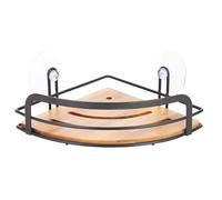 MSV Estantería de Ducha esquinera para baño, sin Agujeros, con ventosas, Acero y bambú, 21 x 21 x 9 cm, Color Negro Mate, aleado Madera, Duschregal 21.5 x 21.5 x 13 cm