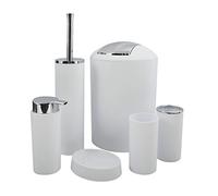 MSV - Juego de Accesorios de baño Hannah - 6 Piezas - PP Resistente - Cubo de Basura, escobilla de baño, dispensador de jabón, portacepillos, Vaso, jabonera - Blanco