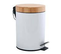 MSV - Papelera de baño de 3 litros en acero inoxidable y bambú con sistema de bajada automática y cubo interior Aza - Blanco - 16,8 x 24 cm