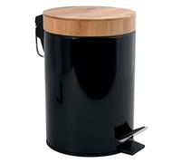 MSV - Papelera de baño de 3 litros en acero inoxidable y bambú con sistema de bajada automática y cubo interior Aza - Negro - 16,8 x 24 cm