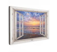 MuchoWow© Cuadros Decoracion Salon Modernos 120x80 cm Lienzos de Fotos Pared Wall Art Lienzo Decoração Cuadro de salones Vista por la ventana - Mar - Playa - Atardecer - Azul