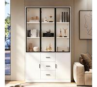 Mueble alto o aparador okwish, vitrina para coleccionistas con 3 cajones y puertas de cristal, vitrina con iluminación LED y estantería MultiStorage, gran capacidad de almacenamiento, color blanco