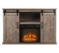Mueble aparador alto con chimenea eléctrica acabado en roble claro rústico. con dos armarios con puerta corredera.