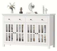 Mueble aparador - Aparador - Armario de almacenamiento - Buffet - Armario - Blanco - 140x90,7x40 cm - 2 cajones y 4 puertas de cristal