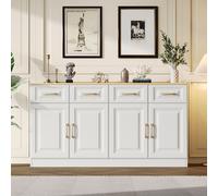 Mueble aparador/buffet Sweiko de 140 cm con espacio de almacenamiento, armario para café con 4 cajones y 4 puertas correderas, armario de almacenamiento largo en estilo rústico moderno, de madera blan