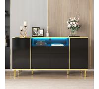 Mueble aparador de alta brillo con iluminación LED, cómoda con marco dorado, aparador con 4 puertas, mueble aparador de 150x40x80 cm, color