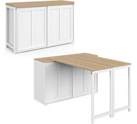 - Mueble aparador extraíble, 120 cm, con 2 puertas correderas, y mesa de comedor Jango giratoria y plegable para 2 a 4 personas, en color blanco y madera