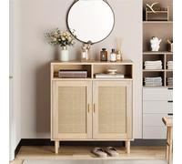 Mueble aparador - Mueble de almacenamiento - Armario buffet - Armario de almacenamiento - Mueble de cocina - Acabado en ratán - 2 puertas con estante abierto