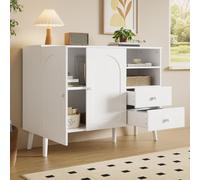 Mueble aparador o consola okwish de color blanco, con dos cajones y estantes abiertos, diseño de doble puerta, patas de madera, ideal para espacios pequeños