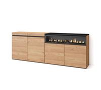 Mueble Aparador Skraut Home en Melamina, Fuego led 3d, Veteado con Tacto poroso, 203x35x75cm, color Roble y Negro Oak/black - a