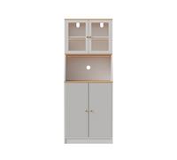 Mueble Auxiliar de Cocina 70x40x180 cm con LED Regulable, Armario Blanco con Puertas de Cristal, Estantes Ajustables y Pasacables
