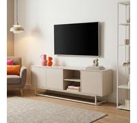 Mueble bajo "Boxholm" con 3 puertas y 2 compartimentos abiertos, sistema de apertura push-to-open, dimensiones 160 x 30 x 57 cm, color arena