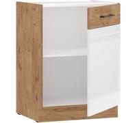 Mueble bajo – Cuerpo en roble Lancelot y frente en melamina blanca brillante – 60 cm – 1 puerta
