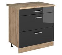 Mueble bajo de cocina Vicco R-Line Antracita alto brillo/Roble dorado 80 cm con 3 cajones encimera Roble dorado, Model 72425