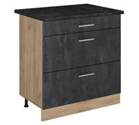 Mueble bajo de cocina Vicco R-Line Hormigón negro/Roble dorado 80 cm con 3 cajones encimera Antracita, Model 72452