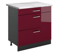 Mueble bajo de cocina Vicco R-Line Rojo de alto brillo/Antracita 80 cm con 3 cajones encimera Mármol, Model 72402
