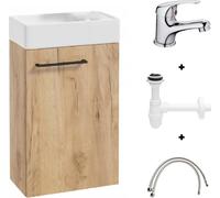 Mueble de lavabo suspendido 40, roble artesanal, y grifo compacto cromado pequeño