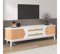 Mueble bajo para televisión, mesa de televisión en madera natural con puertas y cajones, diseño con detalles de ratán en los laterales, mueble auxiliar rústico, 170 cm de ancho