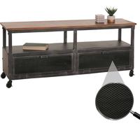 Mueble bajo para TV HWC-N28, estante para televisor, con ruedas, 2 compartimentos, diseño industrial retro con estructura 3D, metal y madera, 55x130x36 cm, color o marrón