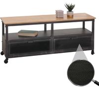 Mueble bajo para TV HWC-N28, estante para televisor, con ruedas, 2 compartimentos, diseño industrial retro con estructura 3D, combinación de metal y madera, 55x130x36 cm, color y natural