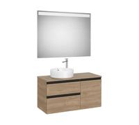 Mueble Base Asimétrico 2 Cajones Una Puerta Lavabo Sobre Encimera Izquierda Espejo Led 100x46x53cm Roca