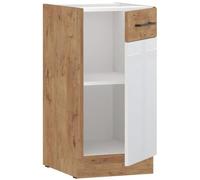 Mueble base de 40 cm para cocina, con acabado en melamina imitación roble y blanco brillante, 1 puerta abatible, con estante interior y patas ajustables