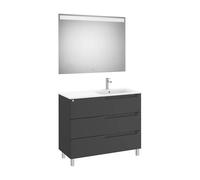 Mueble Base Tres Cajones con Patas Lavabo Asimétrico Derecha y Espejo Luz Led 100x46x85cm Roca