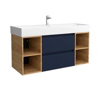 Mueble de baño bequia 120cm + coqueta 2 huecos centrado + lavabo cerámica | azul mate / roble |120x45x66