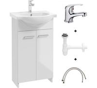 Deftrans Domodomo Armario de baño con lavabo, 85 x 45 x 26 cm, armario de cerámica blanco, armario de pie para baño pequeño (juego de grifo de lavabo + sifón)