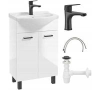Mueble de baño con lavabo, acabado blanco brillante, dimensiones 84x55 cm, incluye grifo y sifón