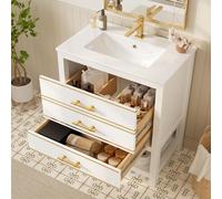 Mueble de baño con lavabo, con 2 cajones y un compartimento abierto, mueble de baño independiente, armario de baño con tiradores dorados, sin grifo ni desagüe, color blanco