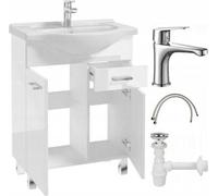 Mueble de baño con lavabo sobre patas de 85x65, color blanco Mea, con grifo cromado alargado.