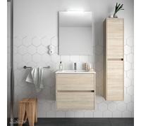 Mueble de Baño con Lavabo y 2 Cajones Salgar Noja 70 cm Roble Natural - Con mueble auxiliar / Con espejo y aplique LED
