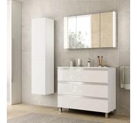 Salgar Mueble baño Spirit 100 cm Blanco con lavabo 3 cajones, patas, sifón clicker y 2 módulos pilar