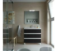 Mueble de Baño con Patas con Lavabo y 3 Cajones Salgar Spirit 90 cm Negro Mate - Columna auxiliar de 2 puertas / Con espejo y aplique LED / Color cromo + Anodizado brillo