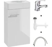 Mueble de baño con lavabo blanco brillante de 60x40 cm y grifo cromado pequeño y compacto.