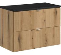 Mueble de baño de 80 cm en roble con encimera negra y 2 cajones, diseño moderno