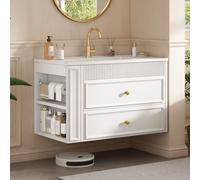 Mueble de baño de 81 cm, de pared, con cajones, estante lateral, soporte para papel higiénico y lavabo de cerámica