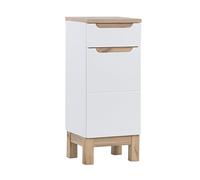 Mueble de baño de pie, 35 cm de ancho, blanco brillante, con imitación madera de roble, 1 puerta y 1 cajón